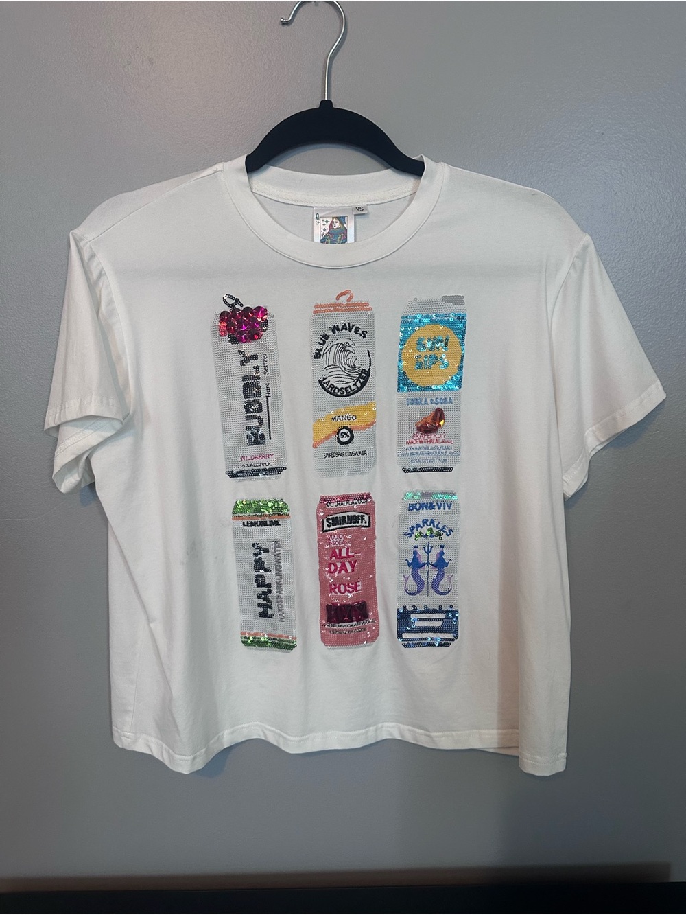 White Sequin Graphic Short-Sleeve Tee - Queen of sparkles seltzer